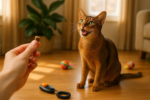 Abyssinian cat ready for clicker training with treats