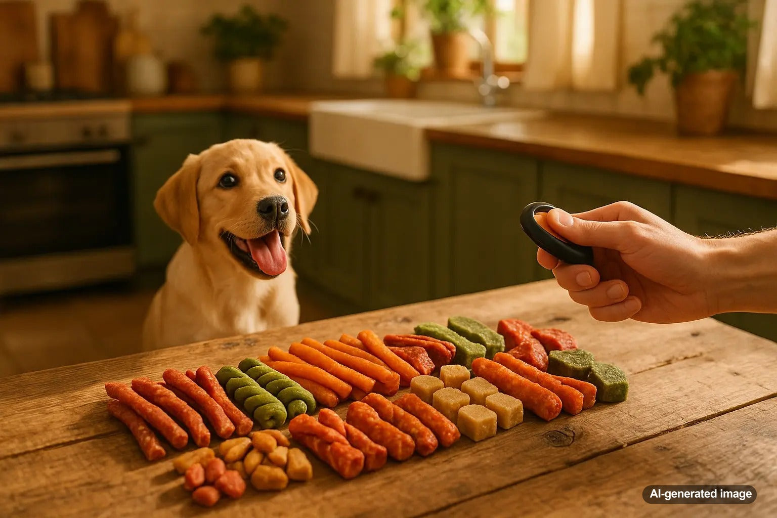 Happy puppy learning with clicker training and tasty treats