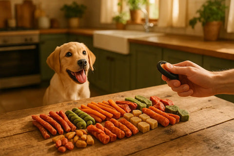 Happy puppy learning with clicker training and tasty treats