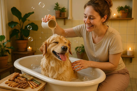 Dog enjoying treats during bath time