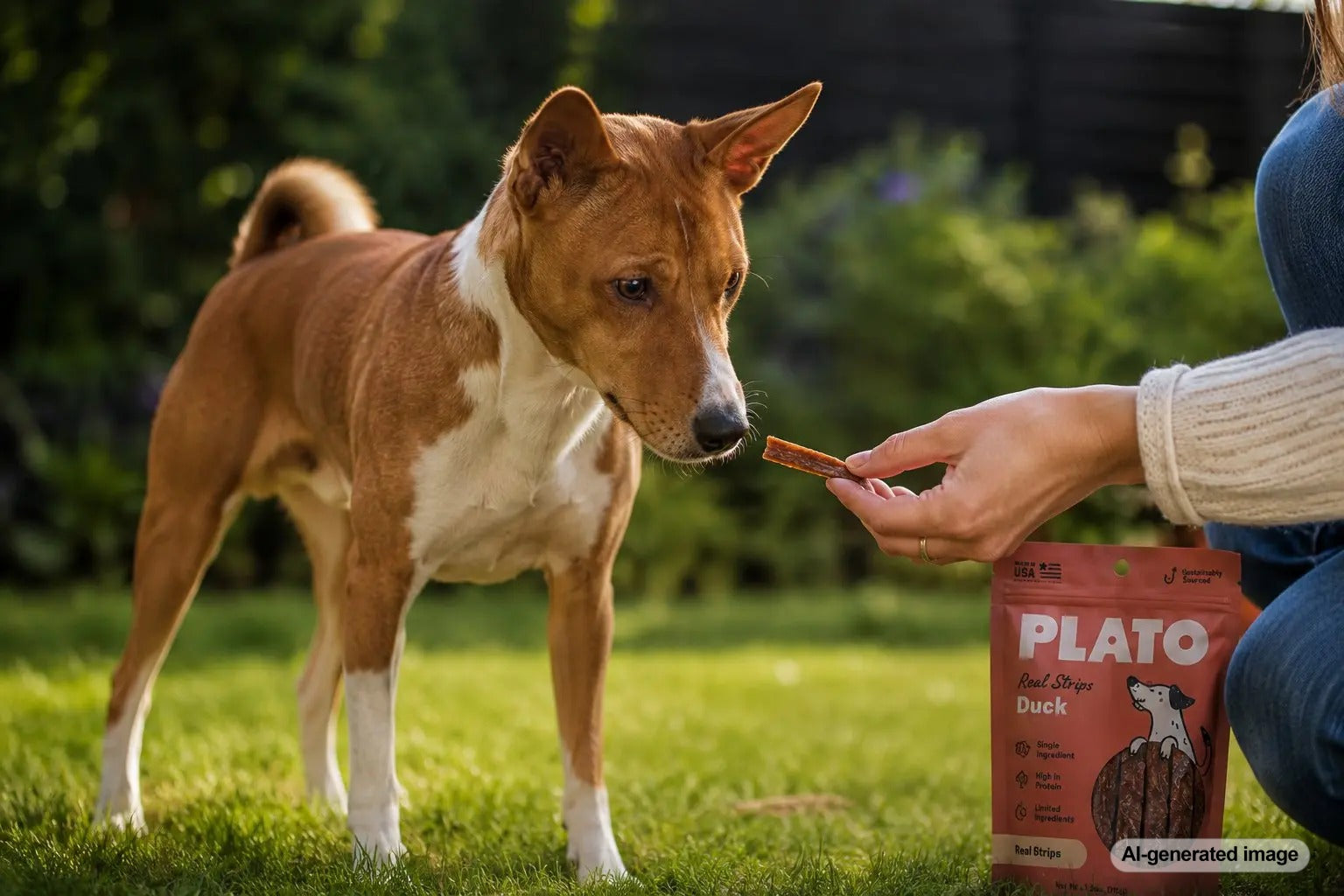 Adult dog cautiously sniffing a new high-value Plato Pet Treat