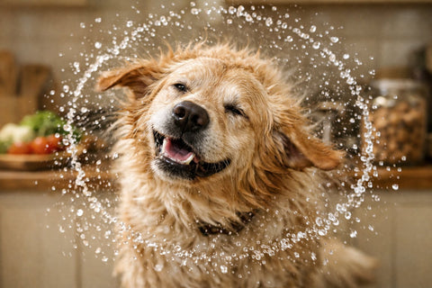 Dog shaking off water demonstrating the biomechanics of a dog's shake-dry motion