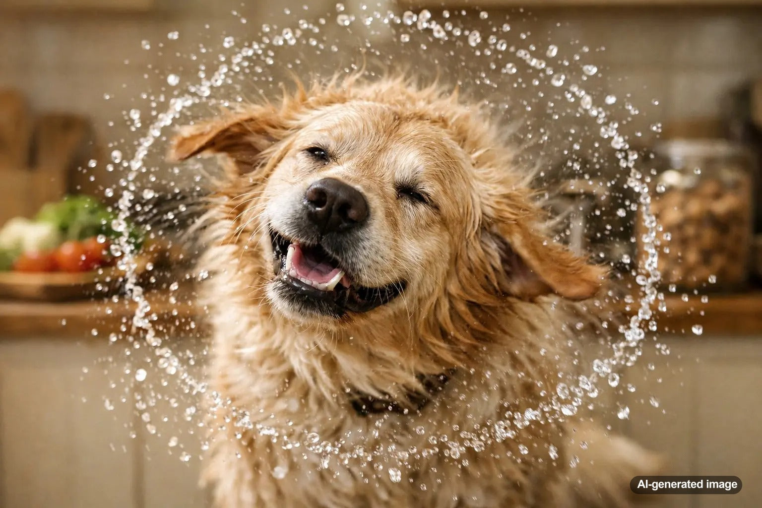 Dog shaking off water demonstrating the biomechanics of a dog's shake-dry motion