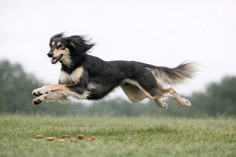 Saluki sprinting in a double-suspension gallop with all four paws off the ground