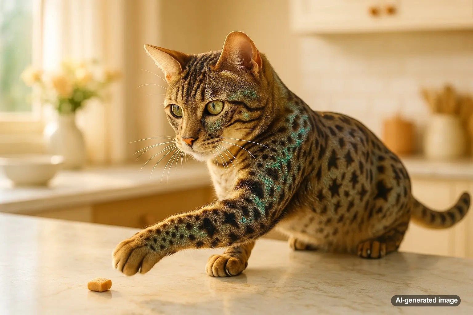 California Spangled cat resting on a sofa
