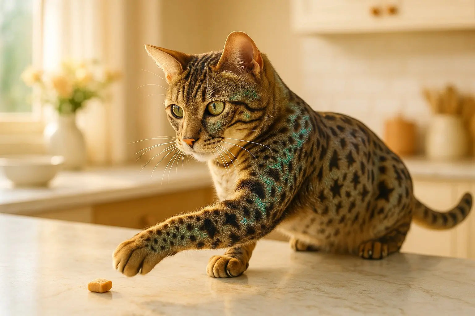California Spangled cat resting on a sofa