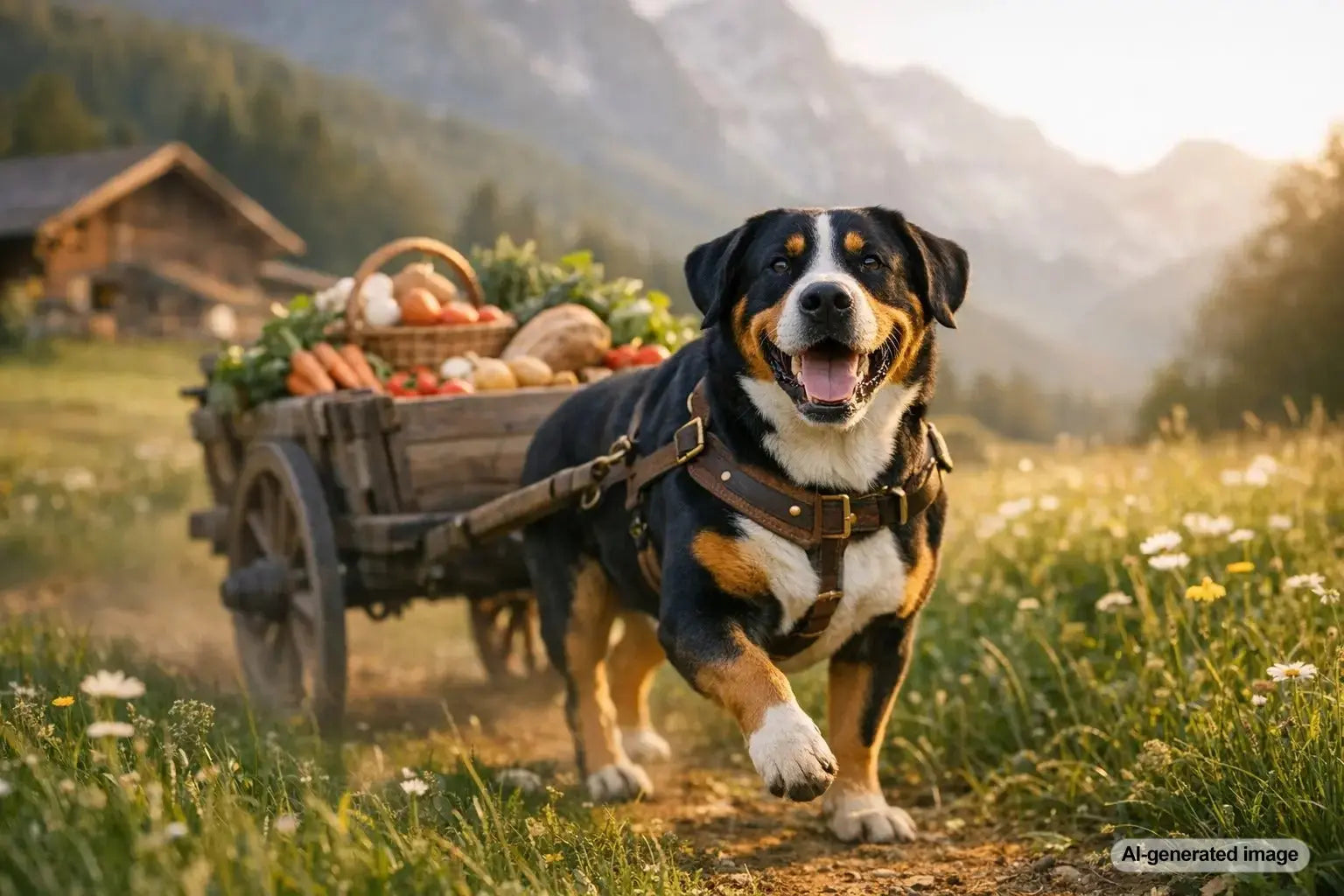Greater Swiss Mountain Dog demonstrating historic cart-pulling strength and working heritage