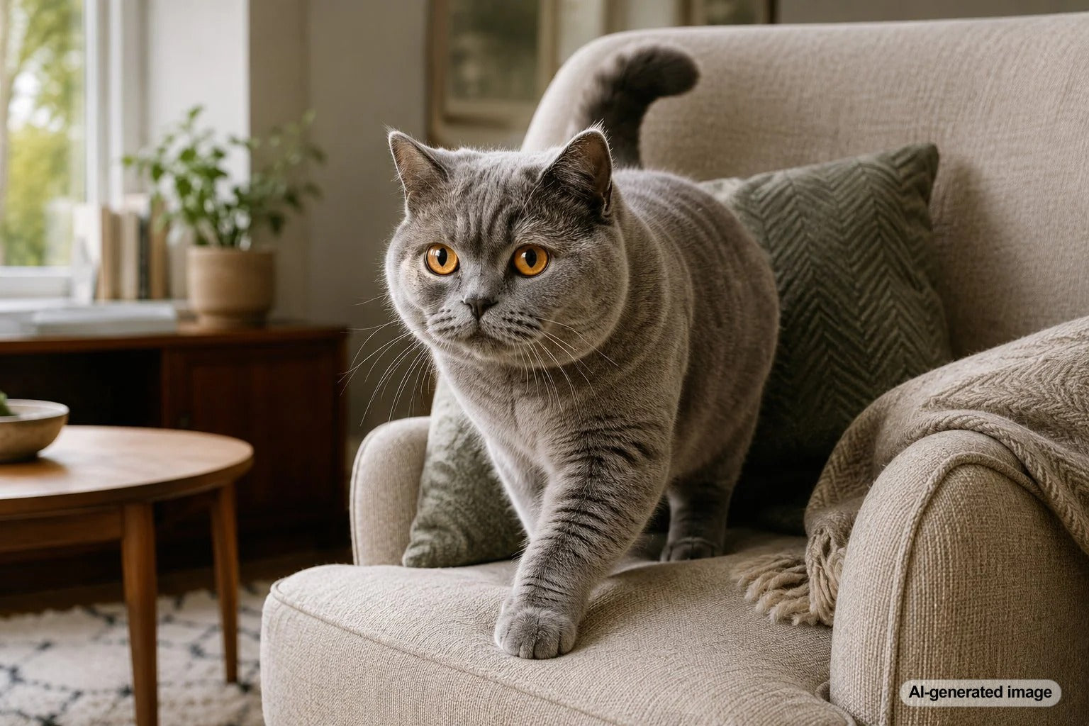 Plush blue British Shorthair cat relaxing in a chair with round copper eyes and a calm expression