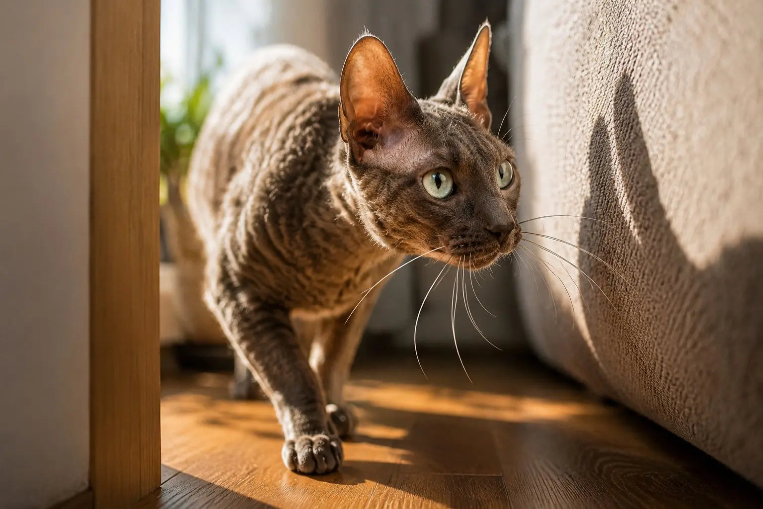 Curious cat using whiskers to explore its surroundings