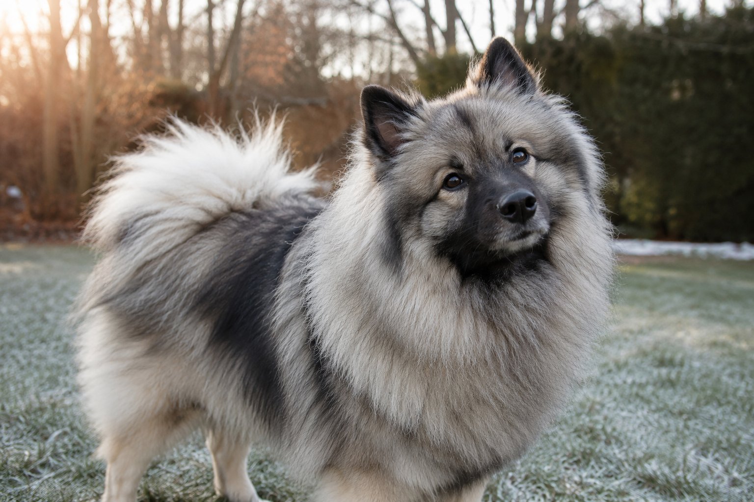 Keeshond with a thick double coat in cold weather