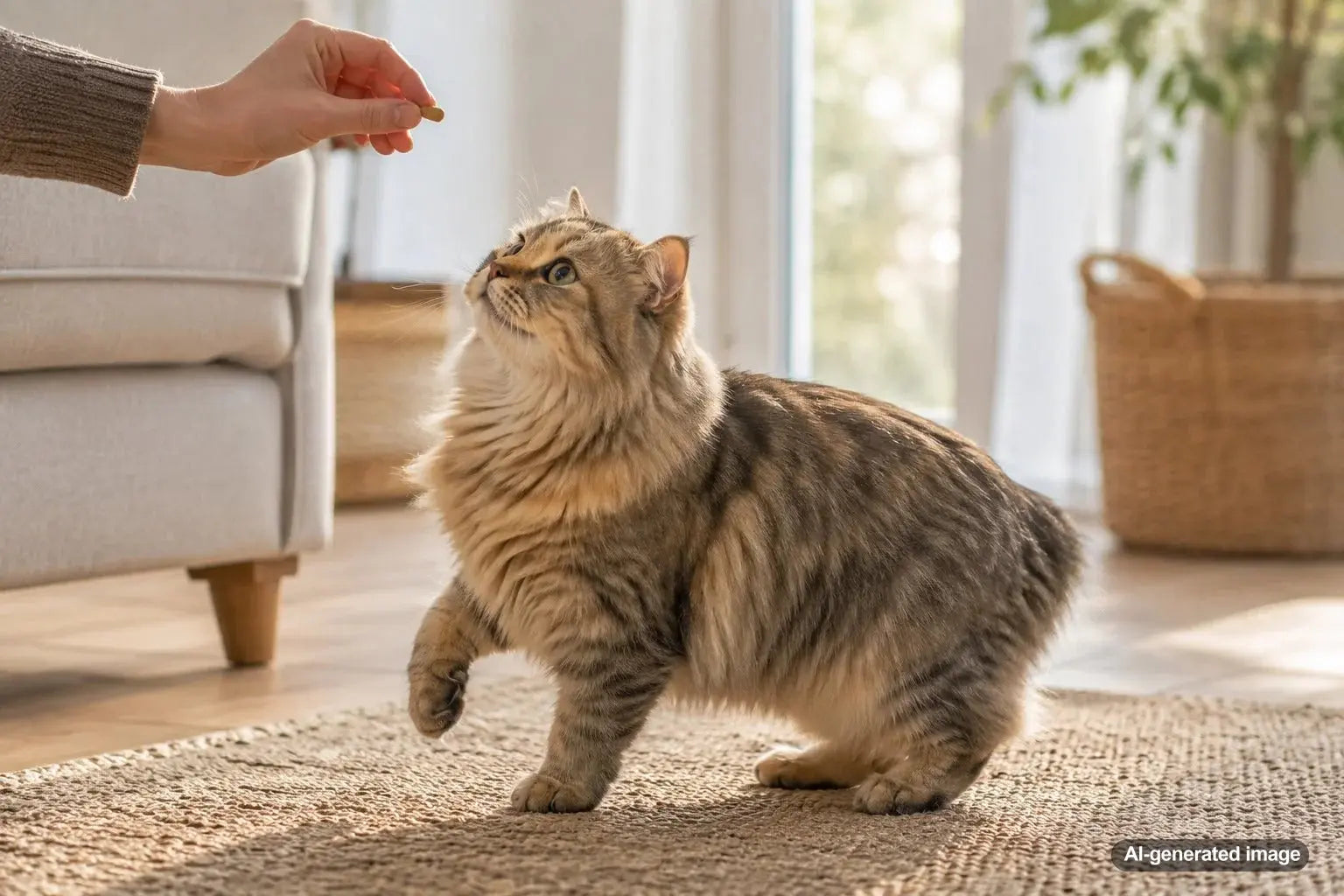A fluffy Cymric cat, also known as the longhaired Manx, sitting with a soft rounded body and plush coat