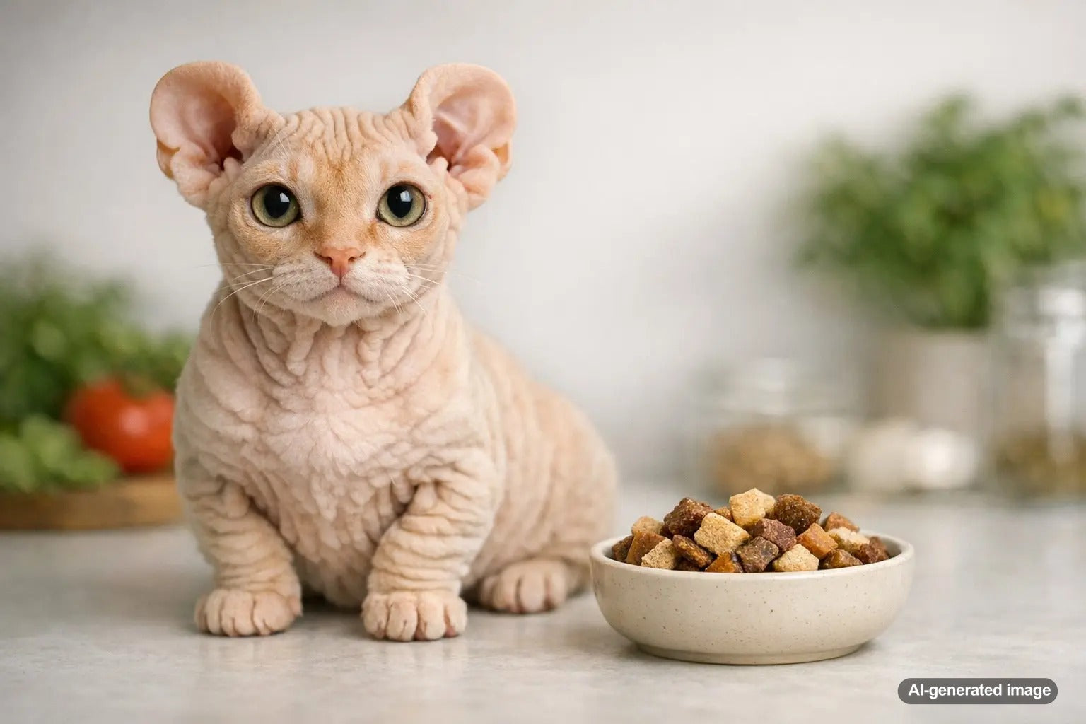 Dwelf cat with curled ears, short legs, and hairless skin lounging comfortably