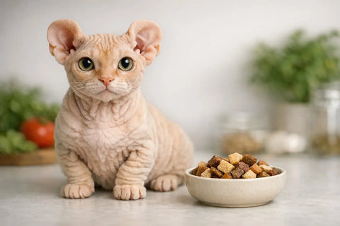 Dwelf cat with curled ears, short legs, and hairless skin lounging comfortably