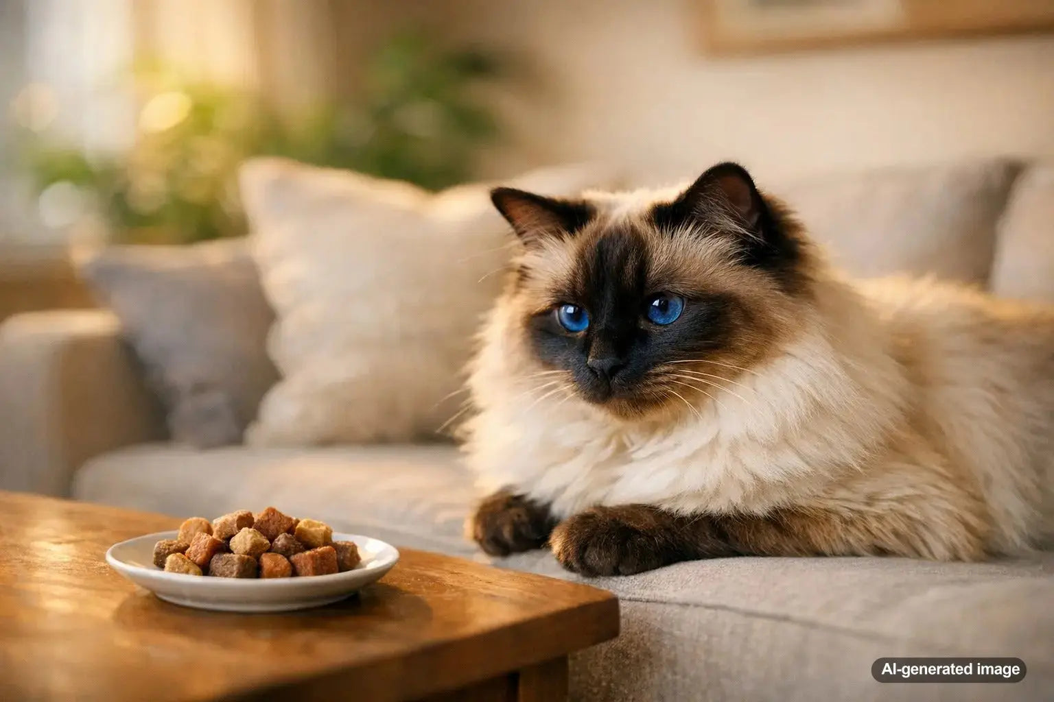 Elegant Birman cat with blue eyes and white-gloved paws, featured breed spotlight