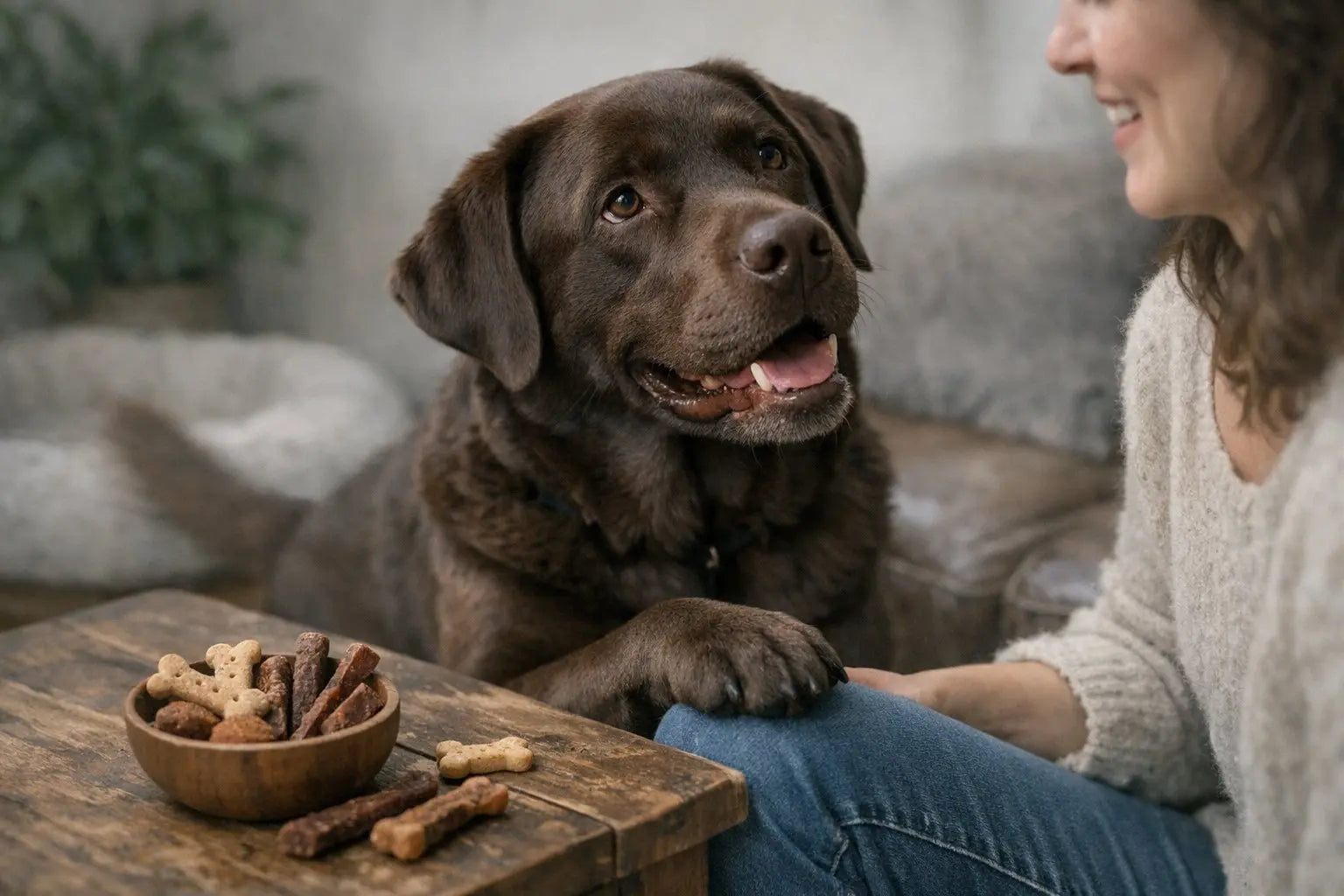 Happy Labrador Retriever looking attentive and emotionally connected to its owner