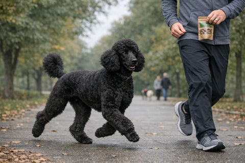 Standard Poodle demonstrating a smooth endurance trot outdoors