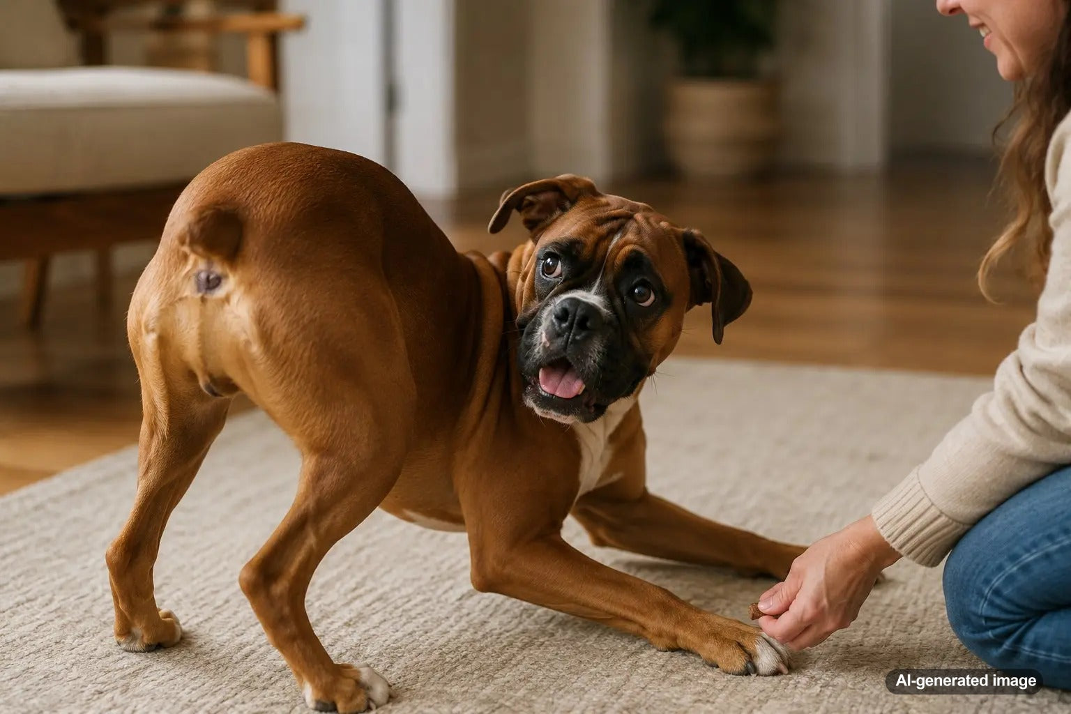 Happy Boxer dog doing a playful kidney-bean dance greeting