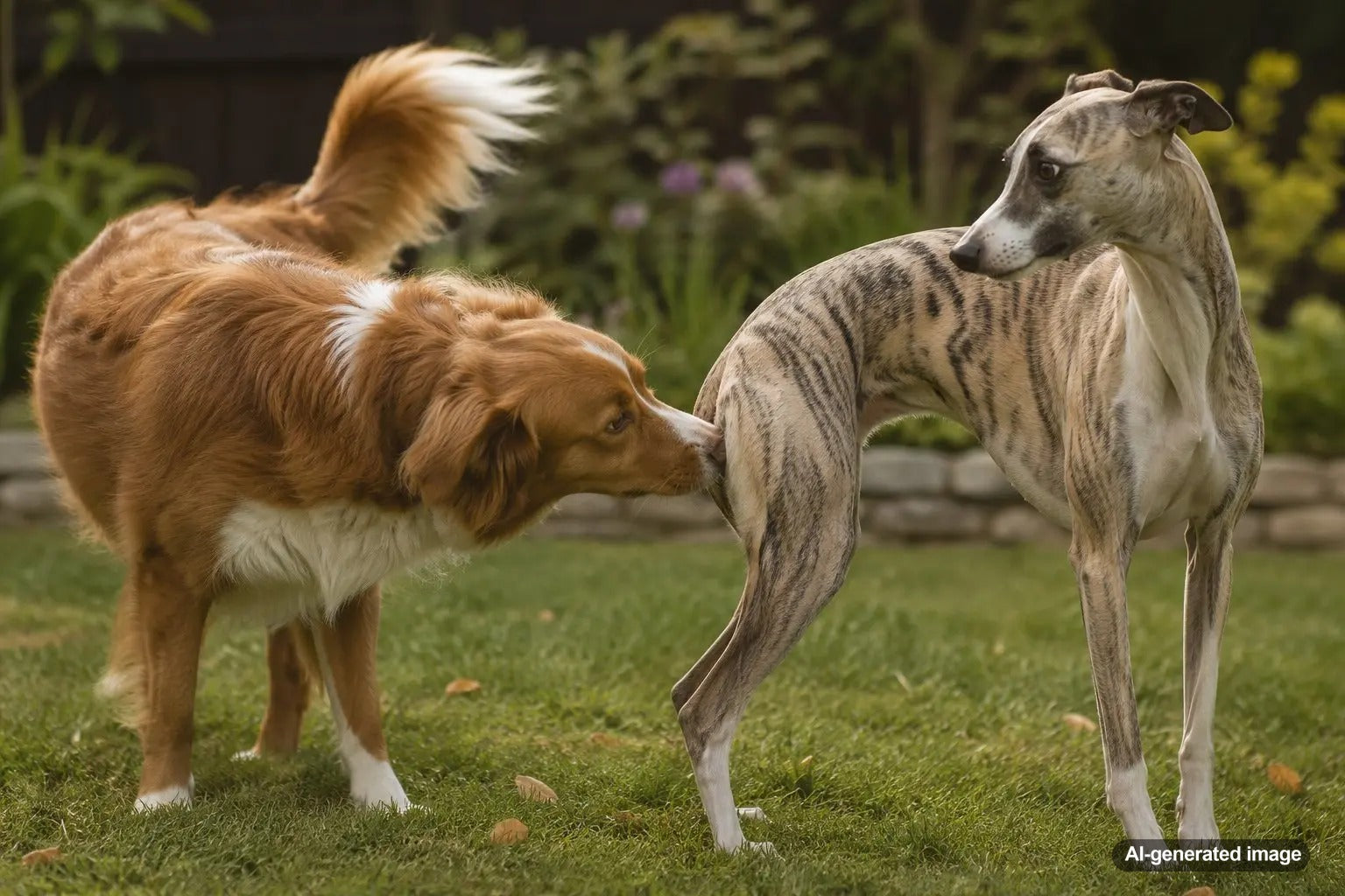 Two friendly dogs greeting each other politely outdoors while learning dog social etiquette