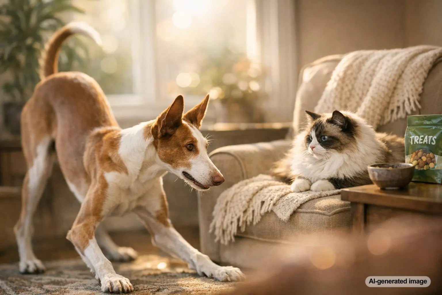 Dog offering a play bow toward a calm cat on a cozy couch in a sunny living room