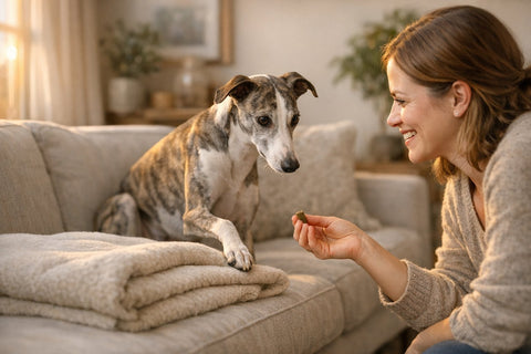 Rescue greyhound relaxing comfortably on a sofa at home