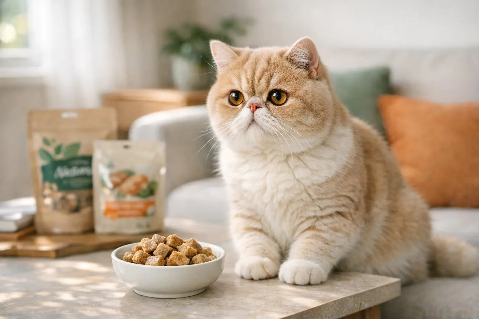 Exotic Shorthair cat with plush coat and round face relaxing indoors