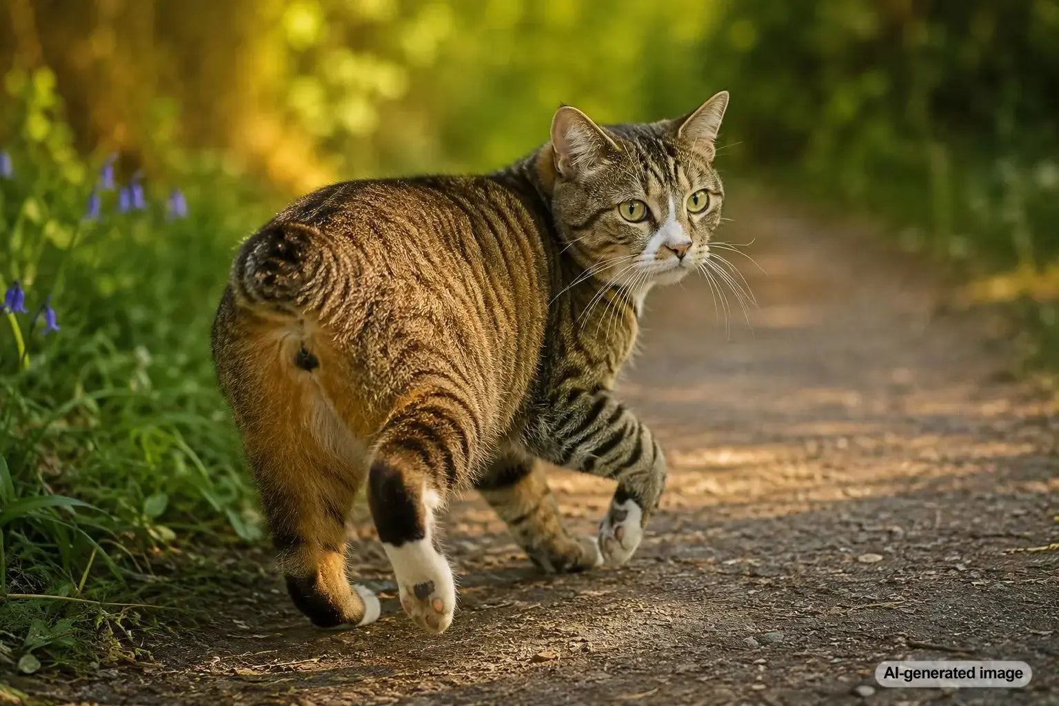 A tailless Manx cat with a playful folklore-inspired island background