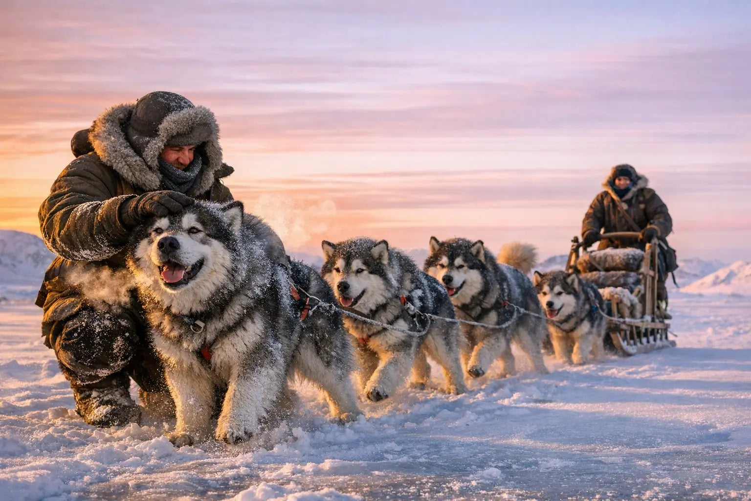 The history of the Alaskan Malamute in polar expeditions with sled dogs in snowy Arctic landscapes