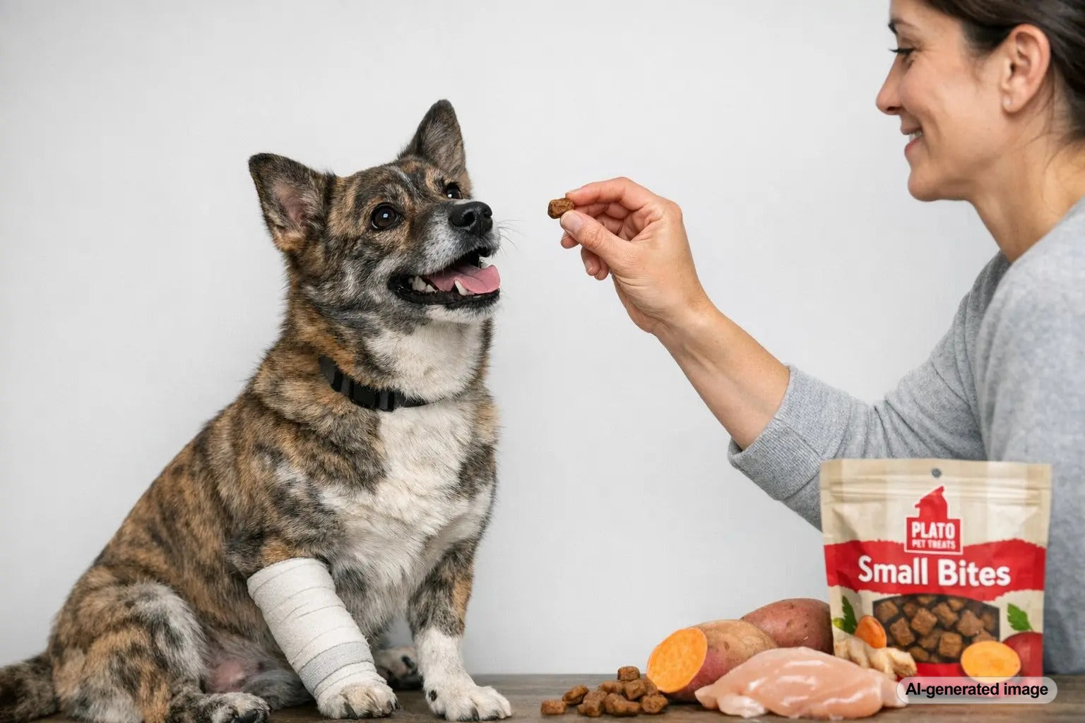 Dog resting comfortably during surgery recovery with small frequent treats nearby