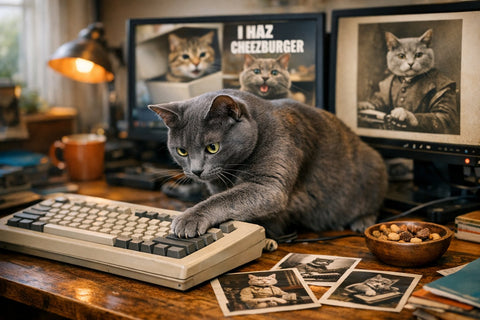 A playful visual timeline celebrating how cats took over the internet with memes, videos, and viral fame