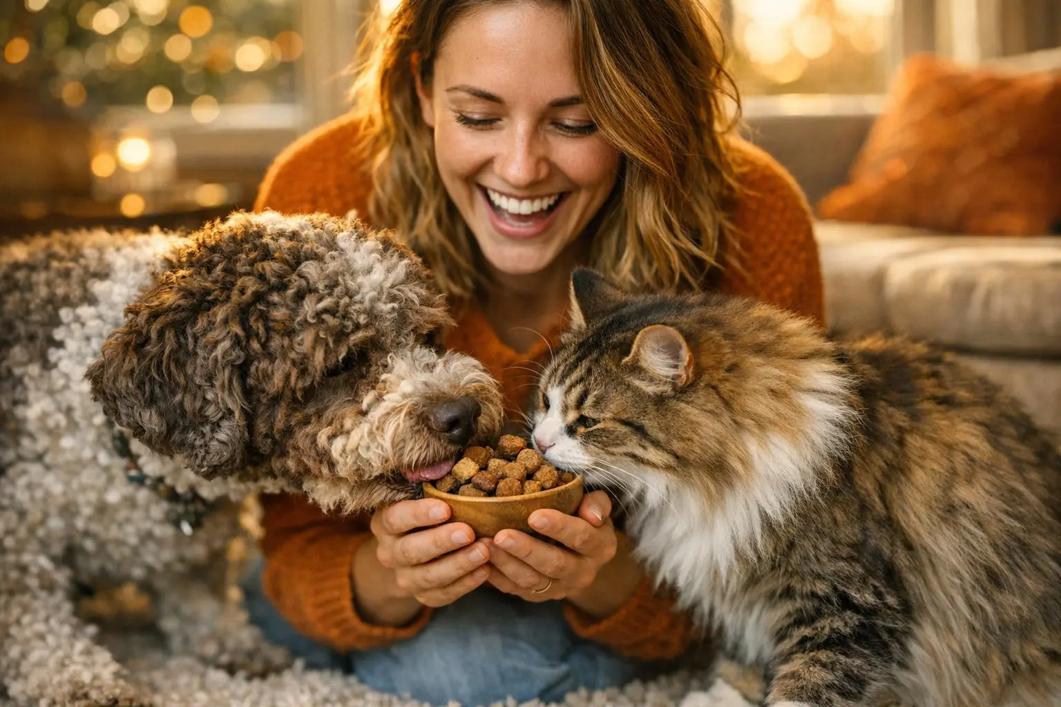 Smiling pet parent sharing a bowl of treats with a dog and cat to celebrate the joyful bond between humans and their furry companions