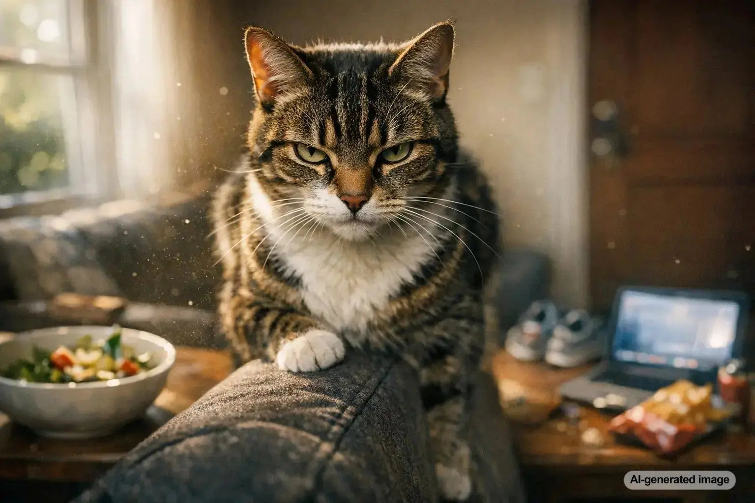 A cat giving a judgmental stare while sitting calmly indoors, capturing classic feline side-eye and curious expression