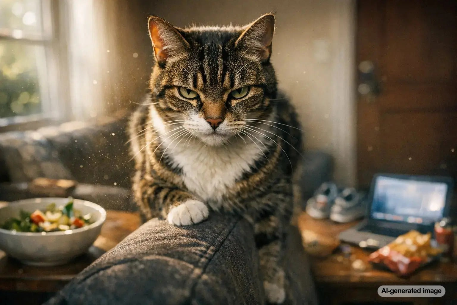 A cat giving a judgmental stare while sitting calmly indoors, capturing classic feline side-eye and curious expression