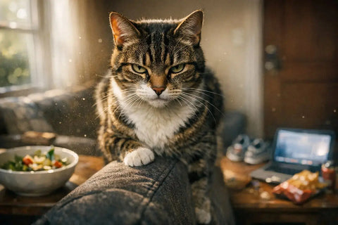 A cat giving a judgmental stare while sitting calmly indoors, capturing classic feline side-eye and curious expression