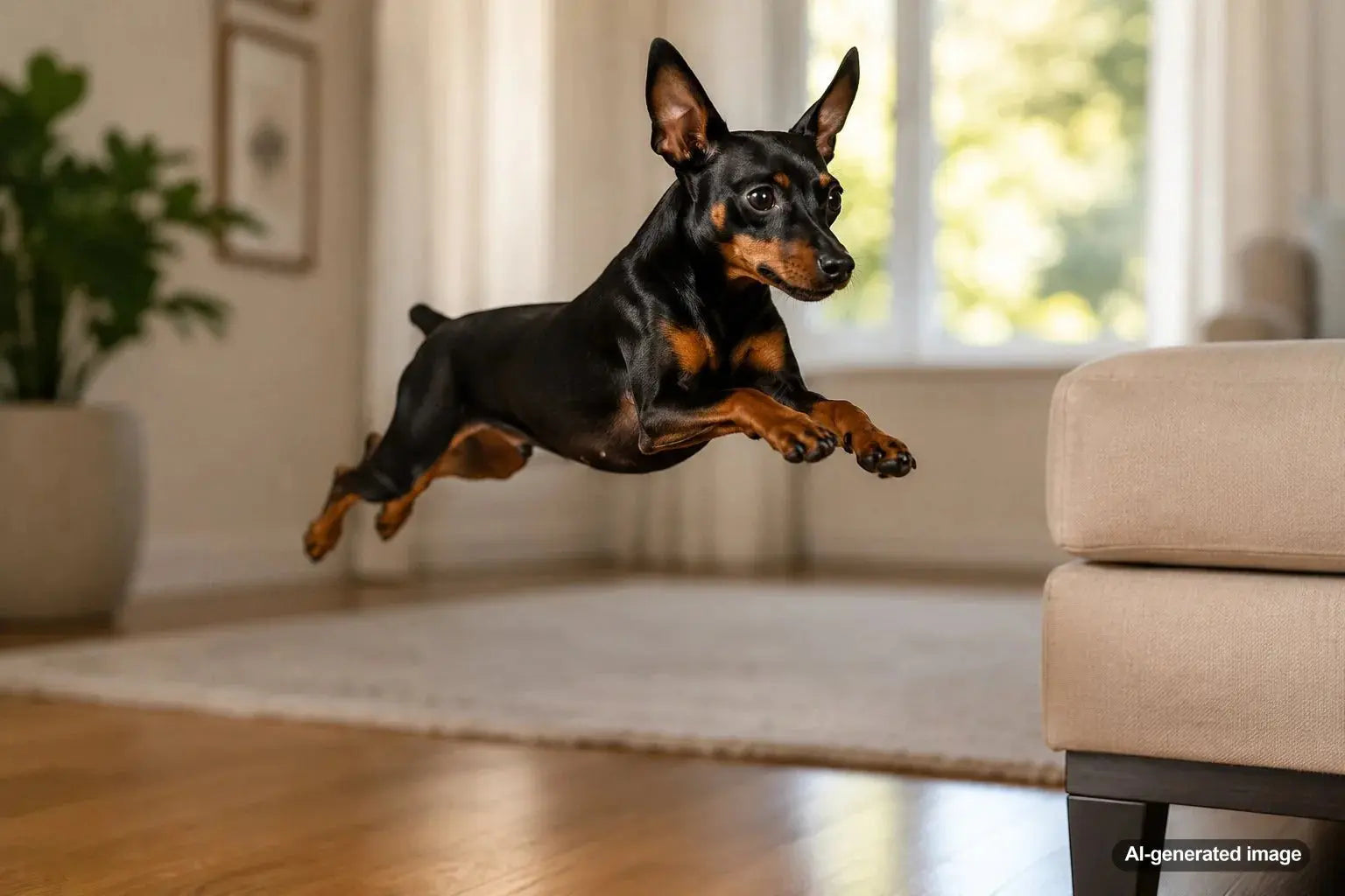 Miniature Pinscher demonstrating agility and jumping ability in an active outdoor setting