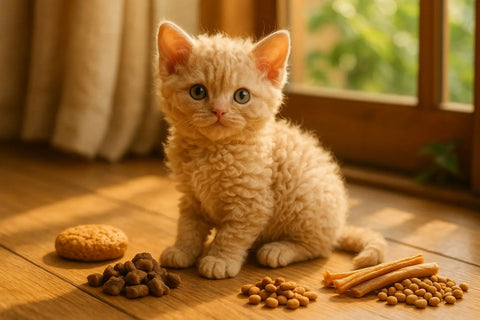 A curly-coated Lambkin kitten playing and looking adorable