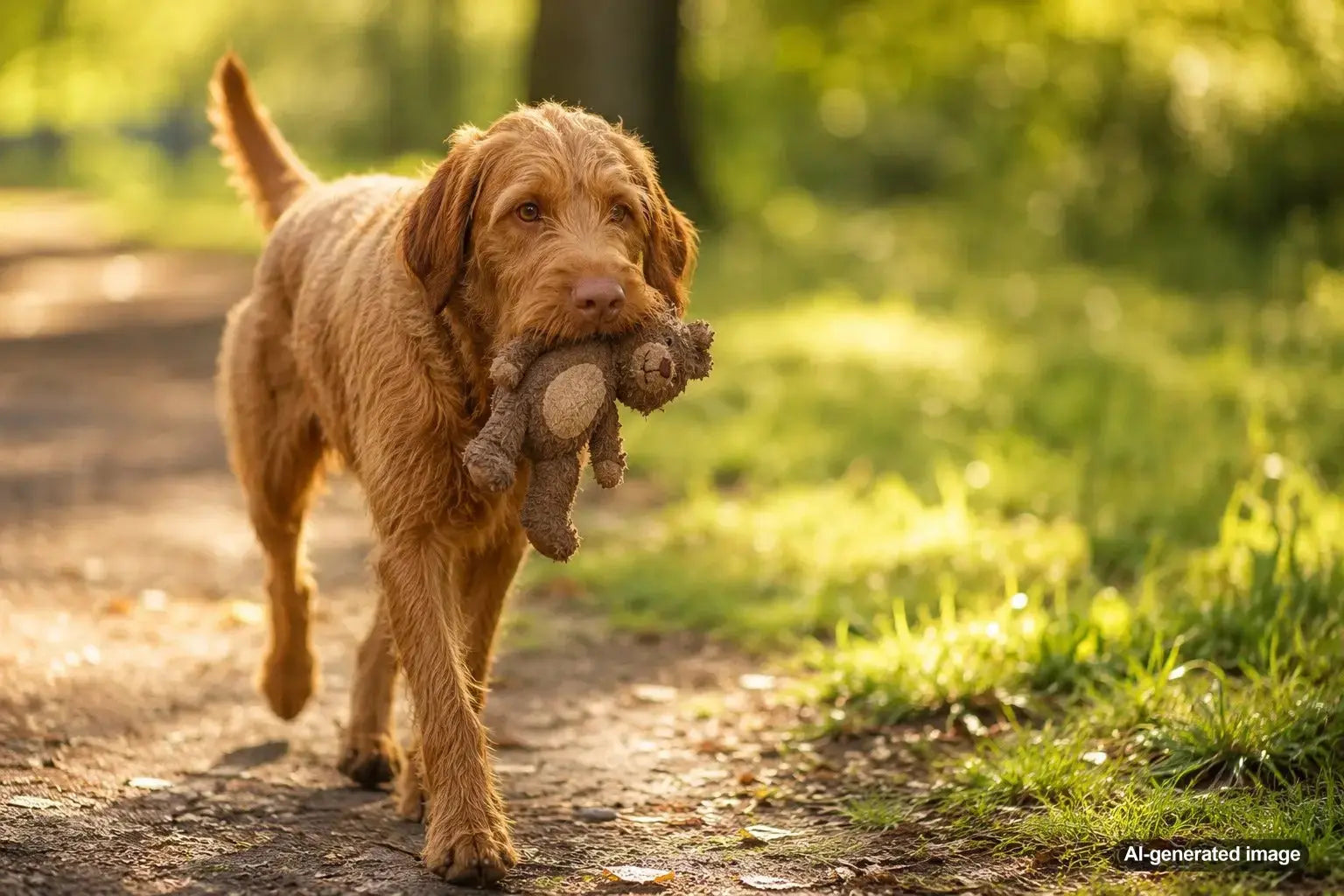 A happy dog remembering the comfort and joy of its first favorite toy