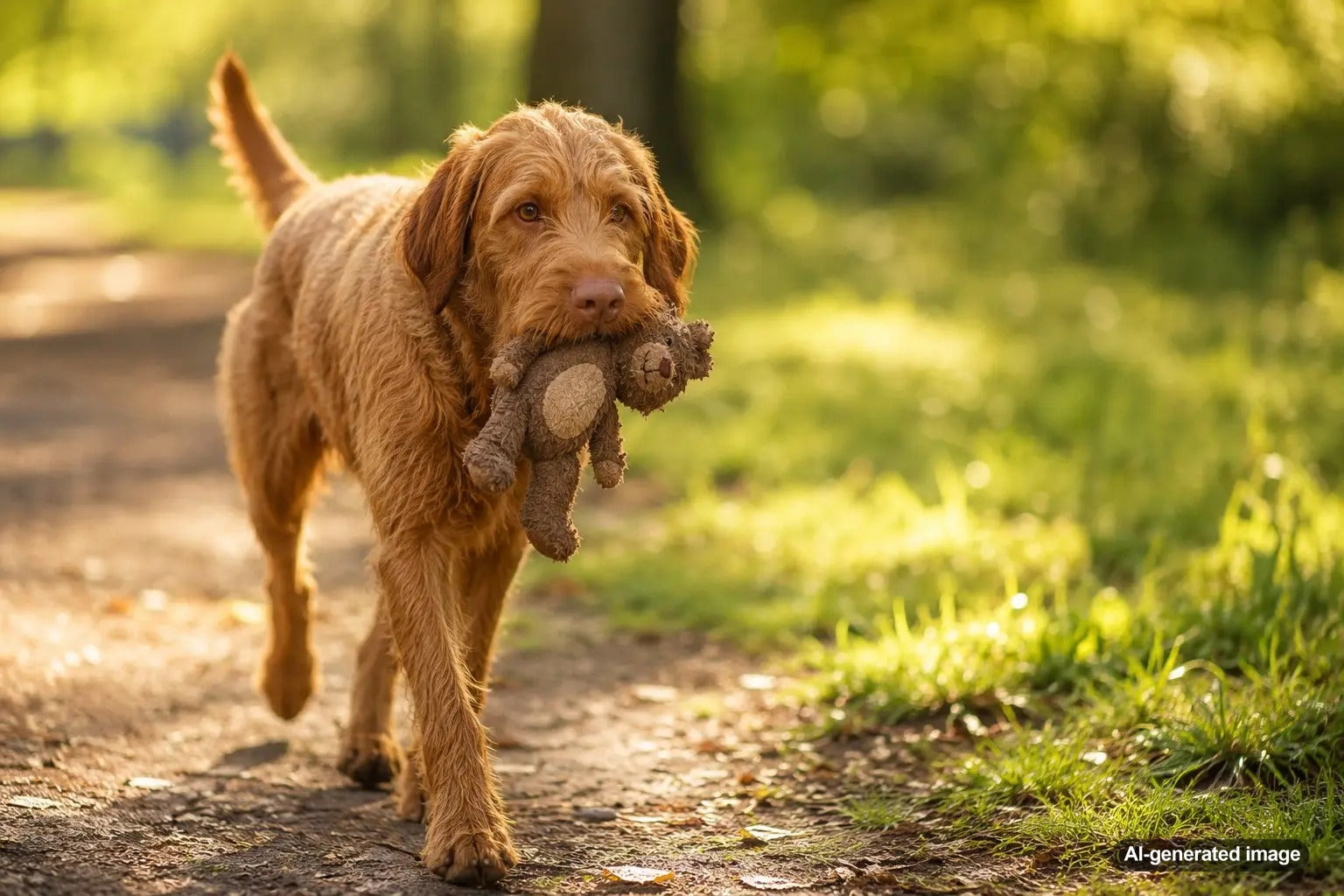 A happy dog remembering the comfort and joy of its first favorite toy