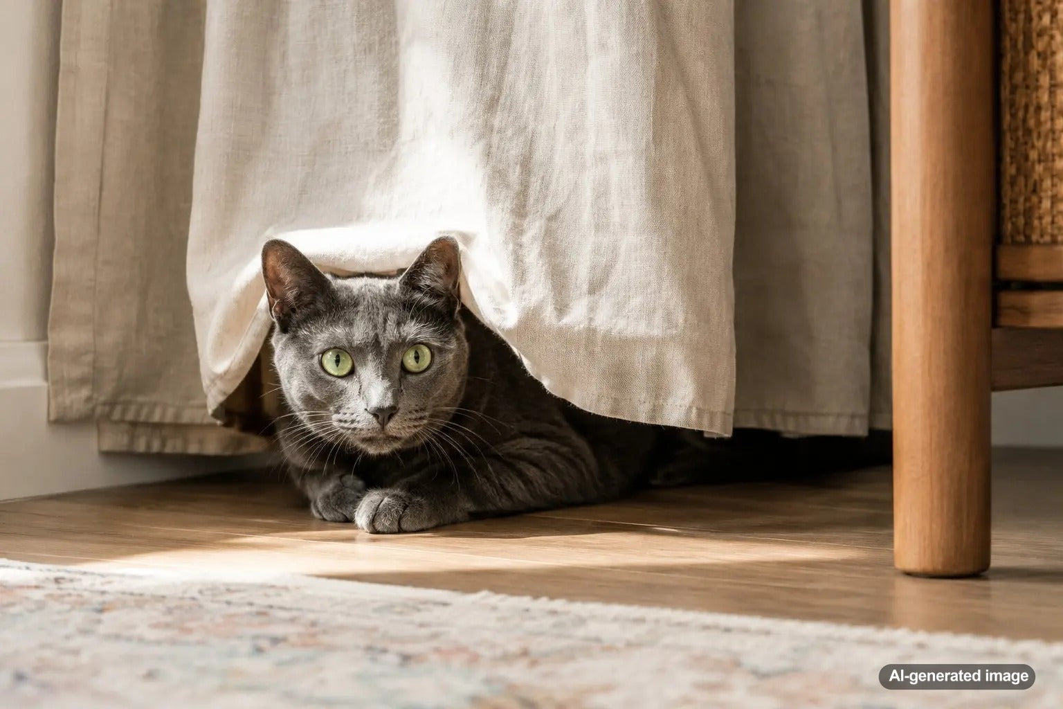 Curious cat peeking from a cozy hiding spot while remembering its favorite safe place