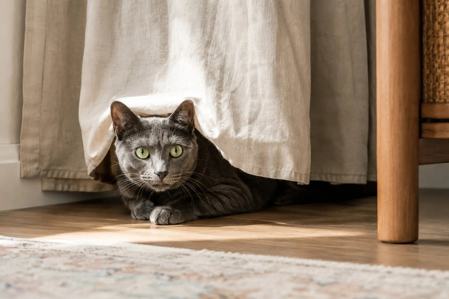 Curious cat peeking from a cozy hiding spot while remembering its favorite safe place