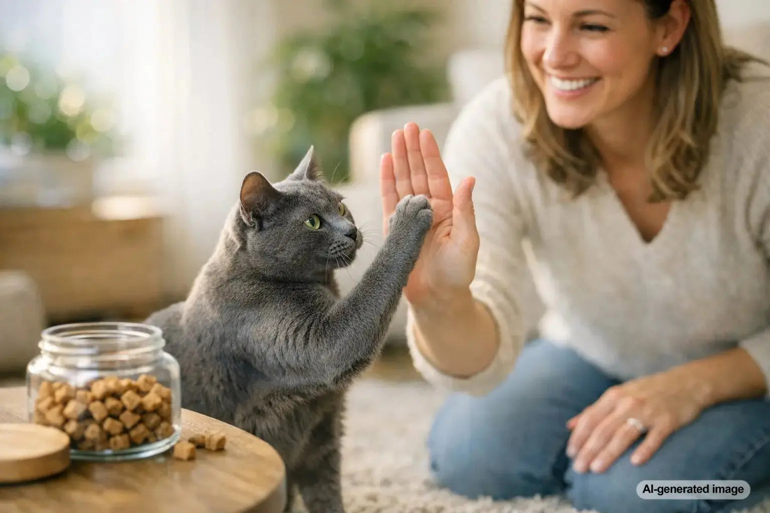 Cat learning to high-five using positive reward training with treats