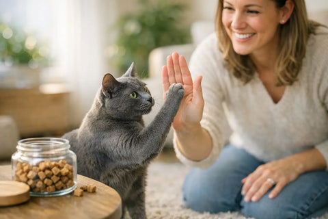 Cat learning to high-five using positive reward training with treats