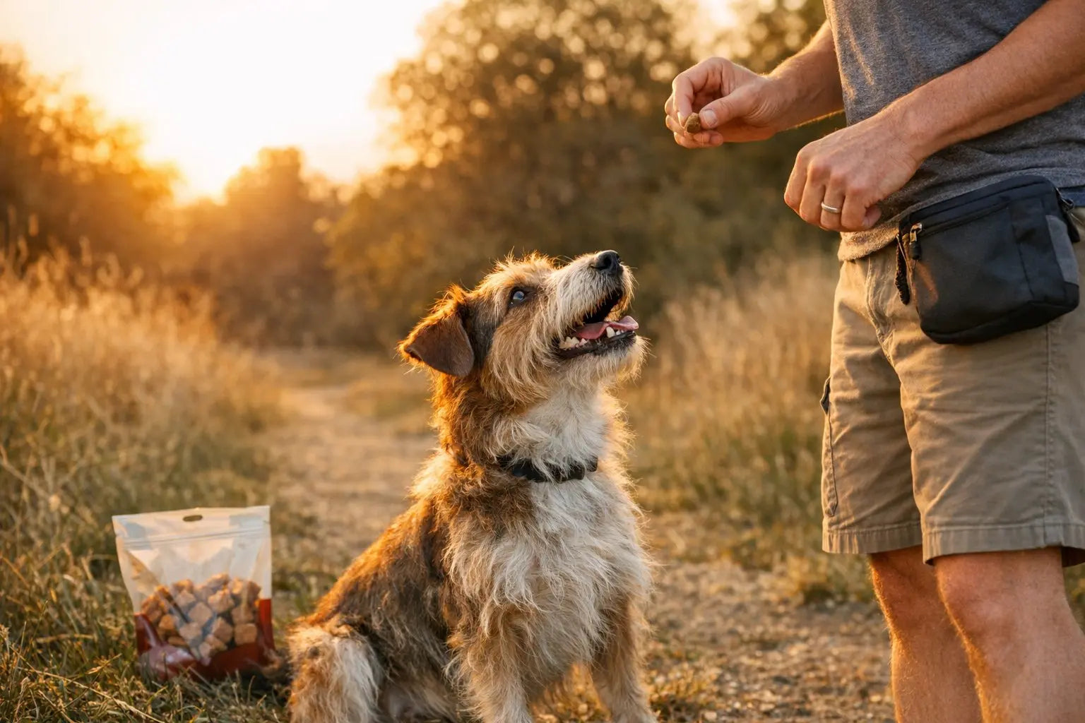 Dog owner reading labels on limited ingredient dog treats while choosing simple healthy rewards