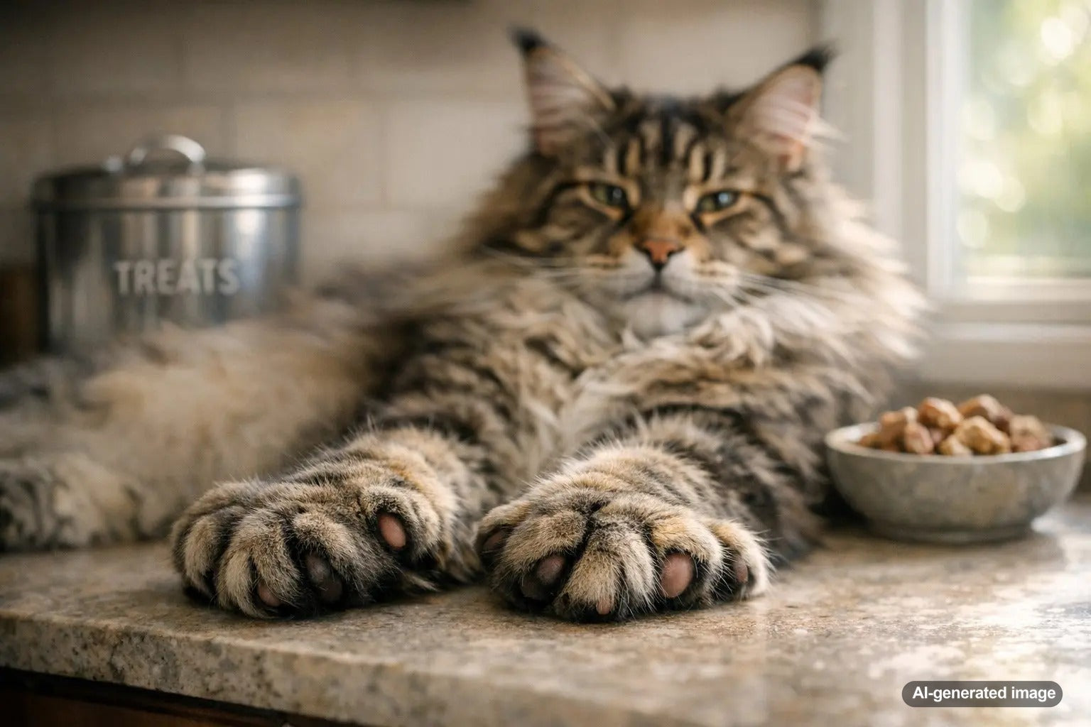Fluffy Maine Coon cat stretching out large polydactyl paws on a countertop near a bowl of treats