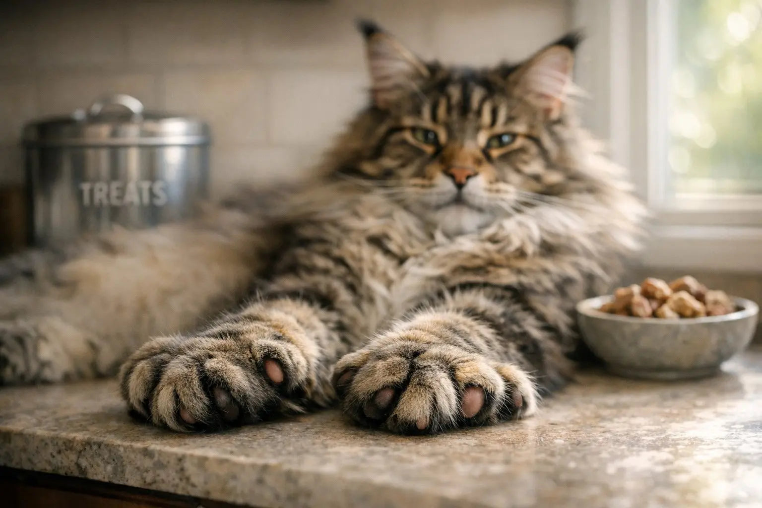Fluffy Maine Coon cat stretching out large polydactyl paws on a countertop near a bowl of treats
