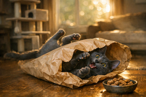 A playful cat jumping into a simple paper bag instead of a cat tree, illustrating the paper bag paradox