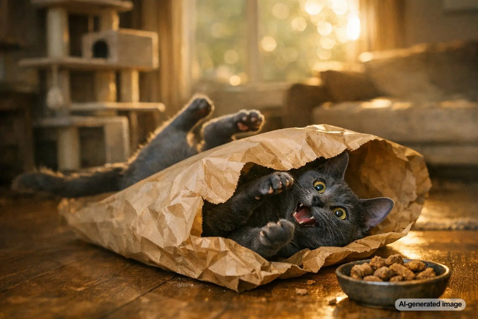 A playful cat jumping into a simple paper bag instead of a cat tree, illustrating the paper bag paradox