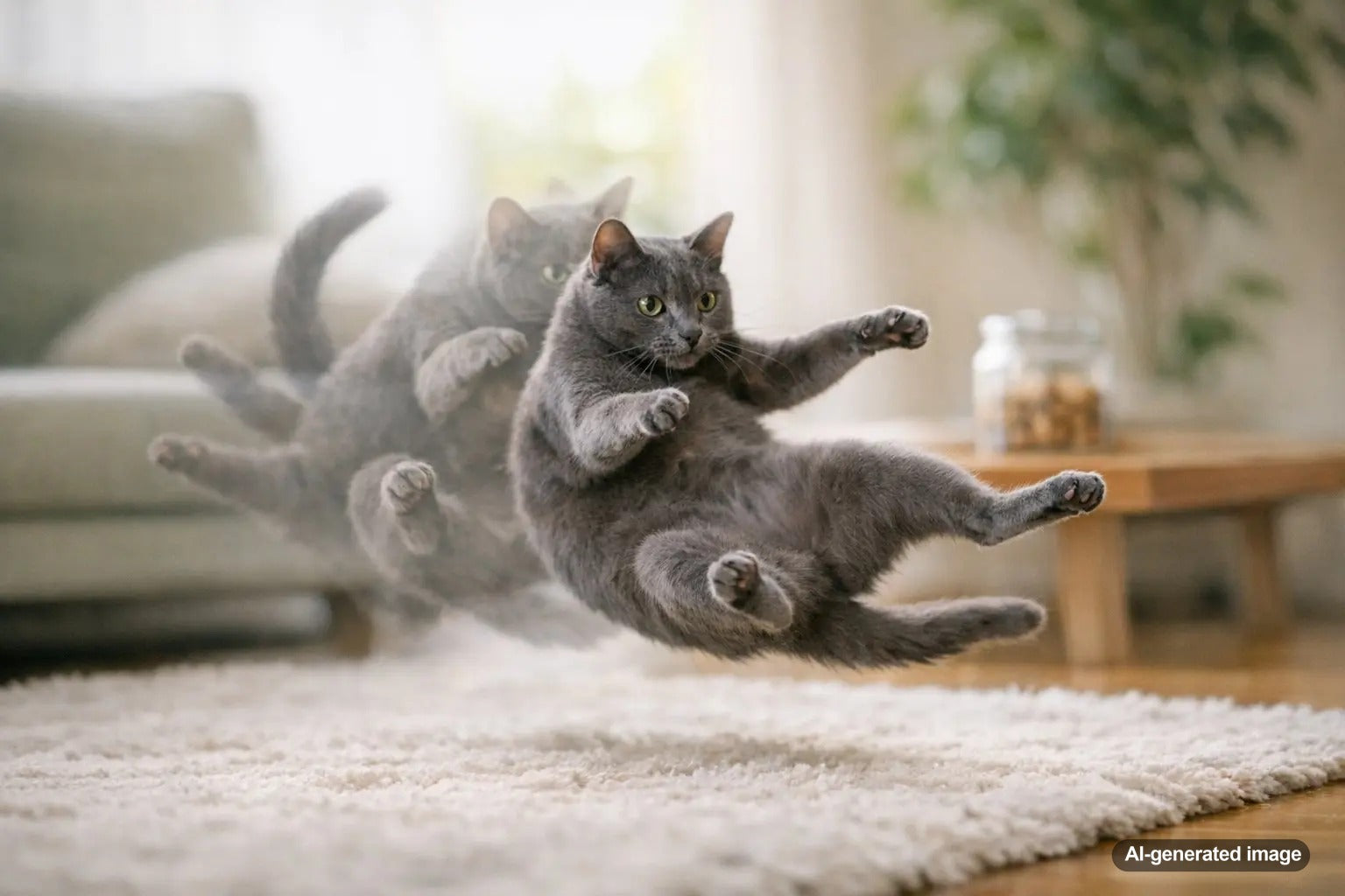 Cat demonstrating the physics behind a cat's righting reflex midair