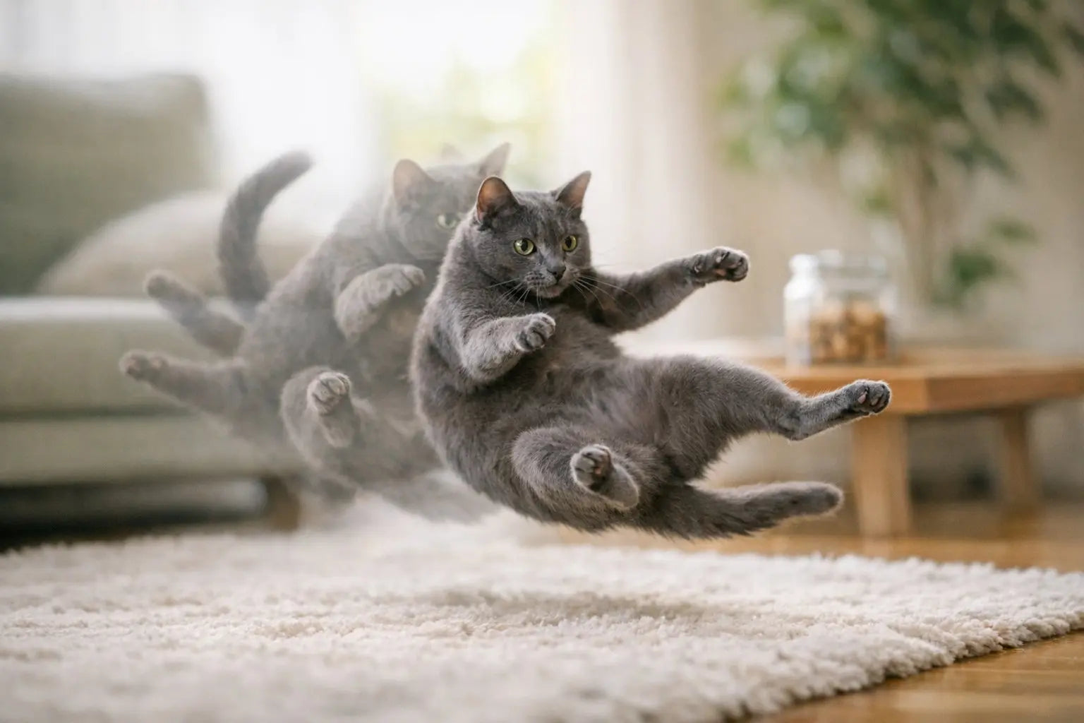 Cat demonstrating the physics behind a cat's righting reflex midair