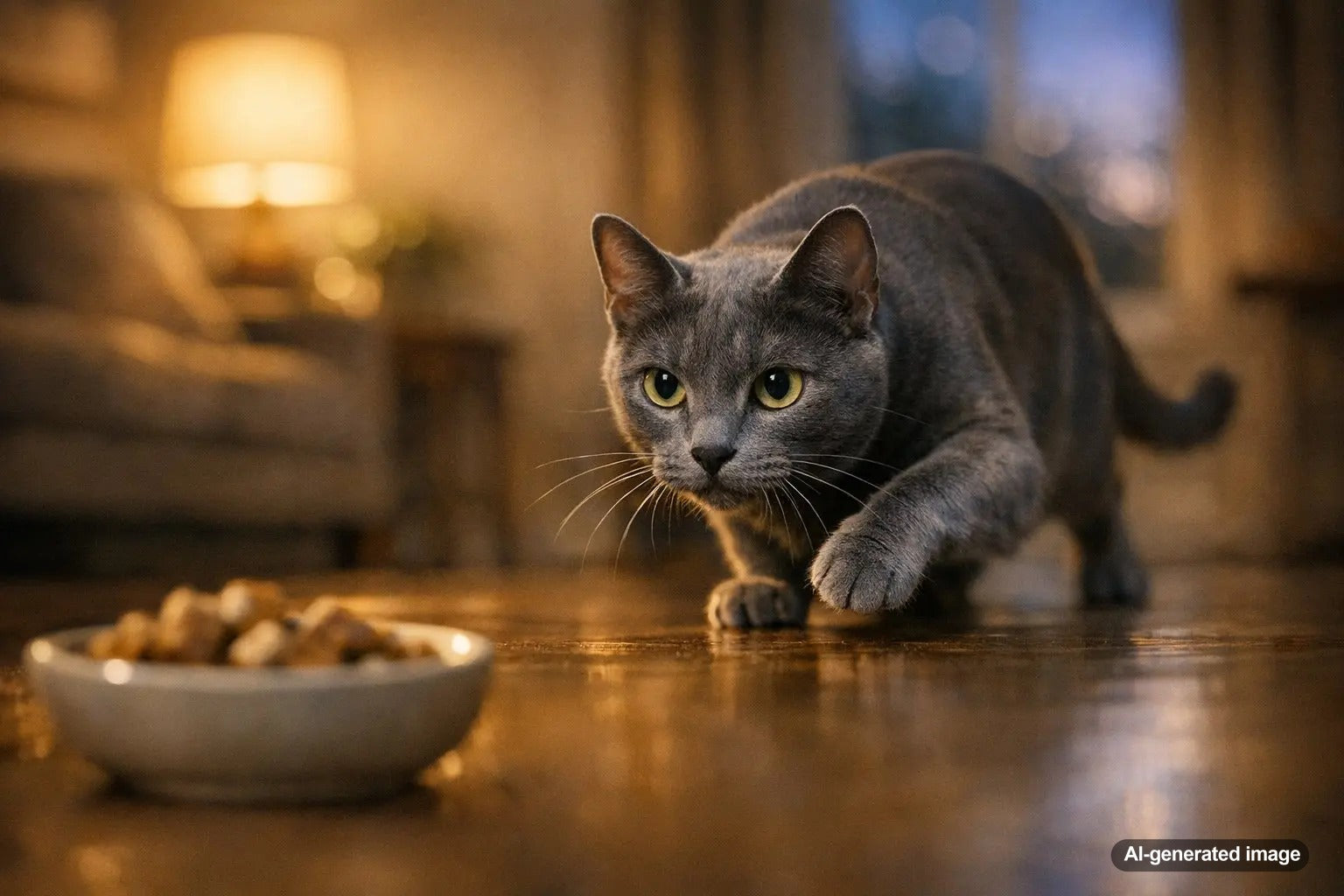 Cat silently stalking across the floor showing graceful movement