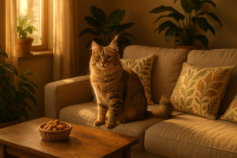 Pixiebob cat with bobbed tail and wild appearance relaxing at home